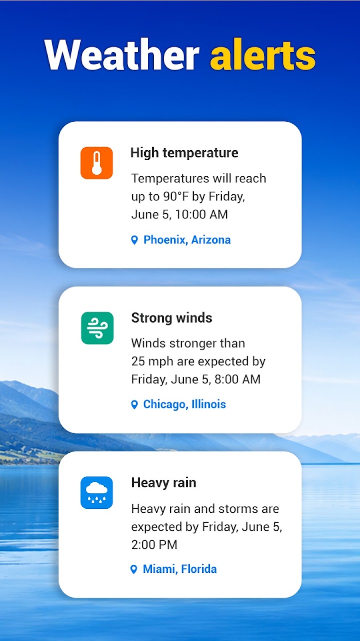 Weather alerts for high temperature, strong winds and heavy rain