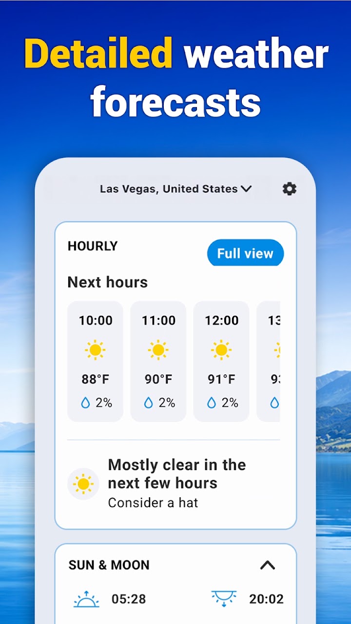 Hourly forecast with temperatures and rain probability