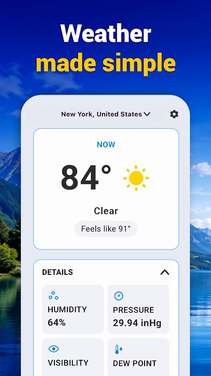 Current weather: 84 degrees, clear, with humidity, pressure and visibility